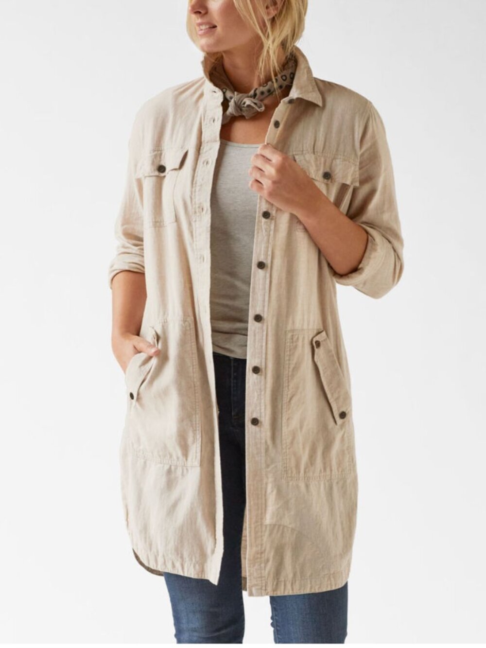 DULUTH TRADING CO. Women's Artisan Hemp Duster Shirt in Beige Size L